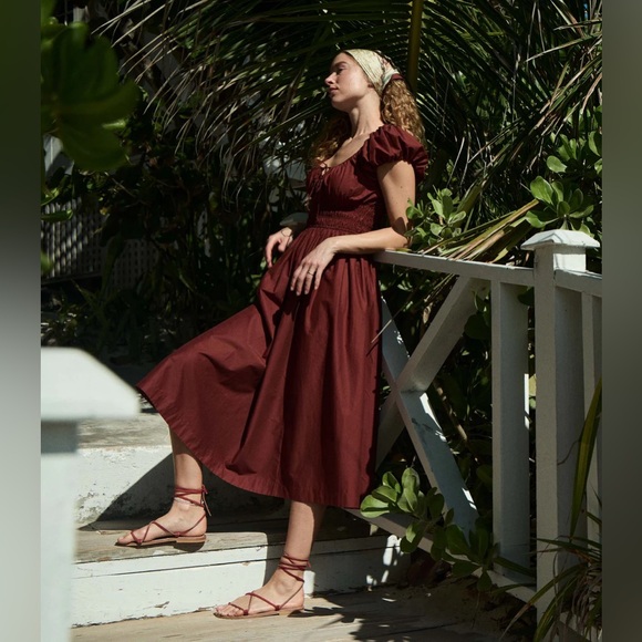 Doen Quinn cotton poplin puff sleeve midi dress in Amberwood rust - Picture 4 of 9